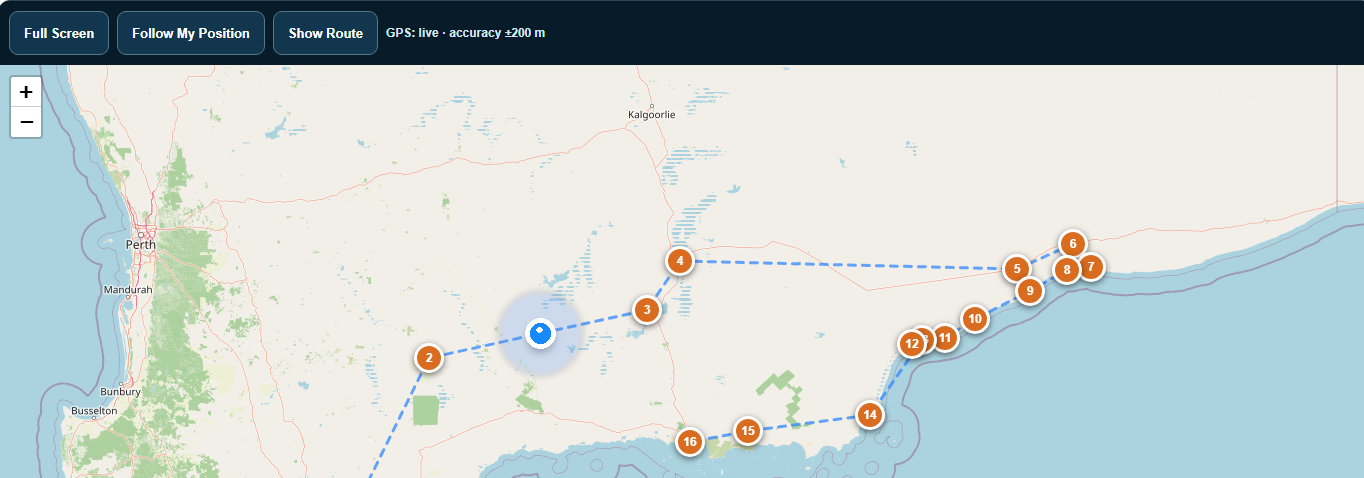 ClubTrekker route map across Western Australia with numbered waypoints and a live position marker on the route